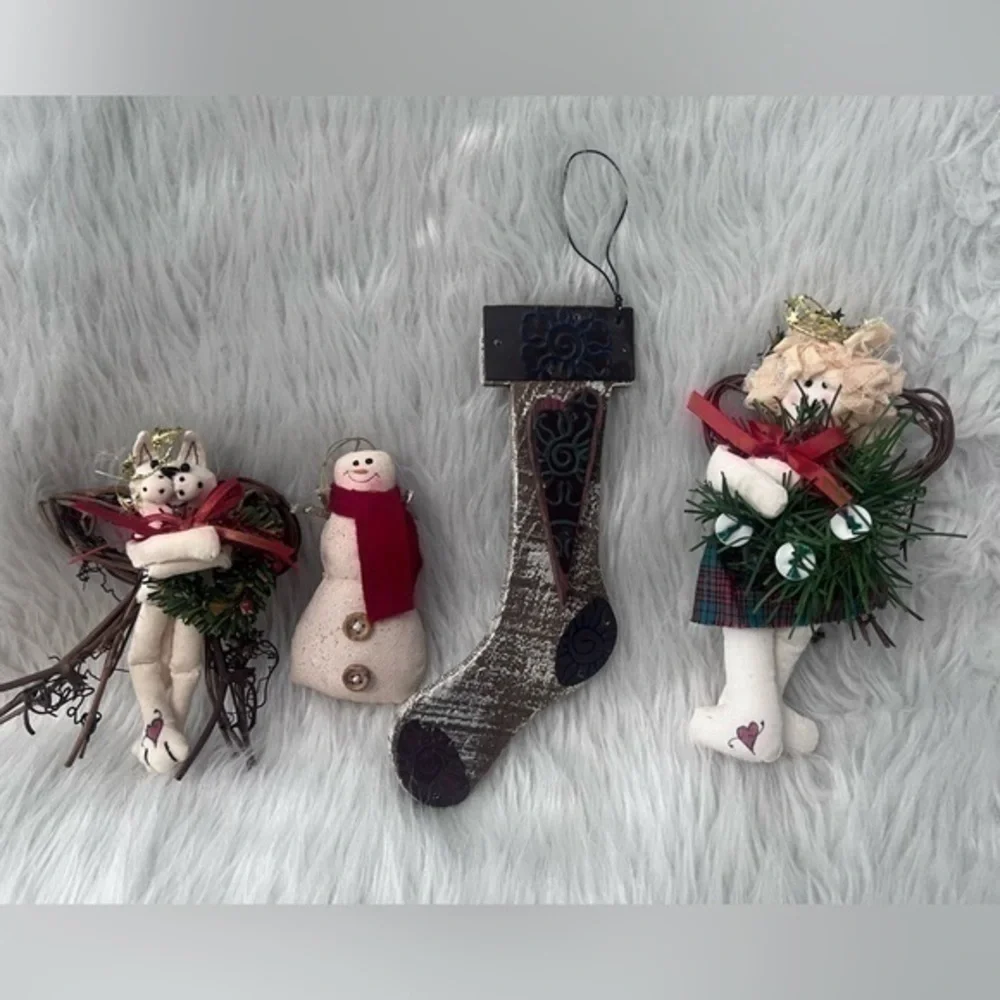 Handcrafted Christmas Tree Ornaments Set Angel Cat Snowman & Stocking